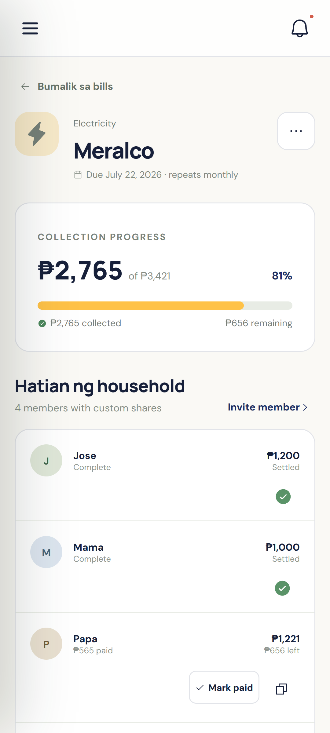 Bill details with member shares and collection status