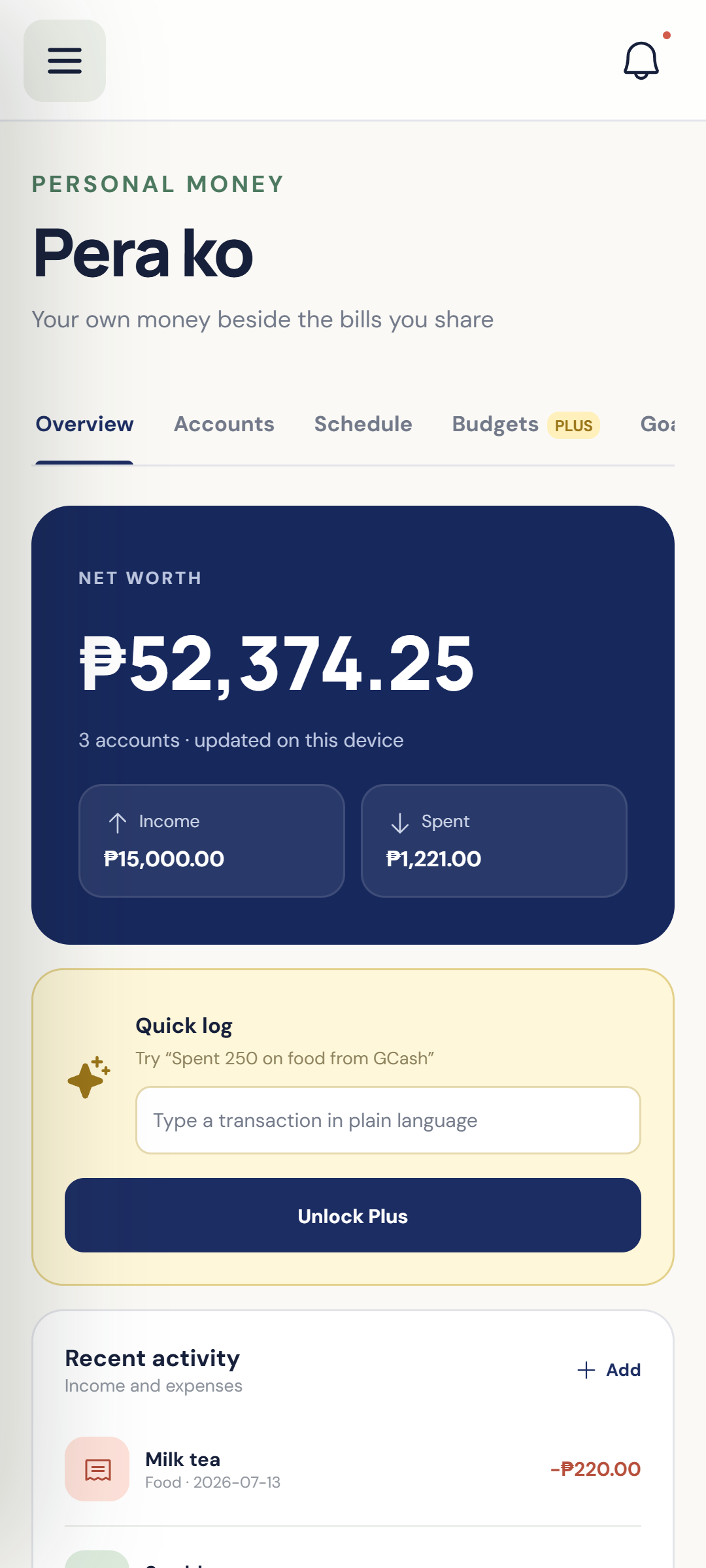 Pera ko personal money overview stored on the device