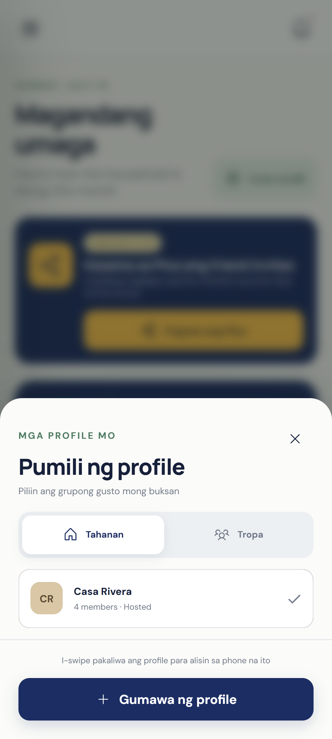 Ambagan profile switcher keeping household and tropa groups separate